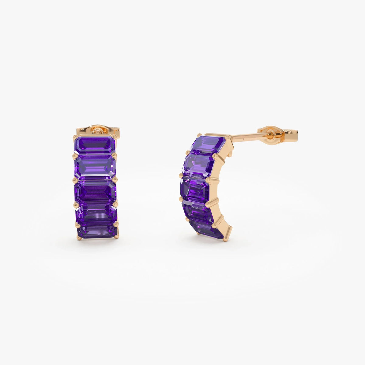 14K Solid Gold Octagon Cut Amethyst Half Hoop Earrings 2.80ctw