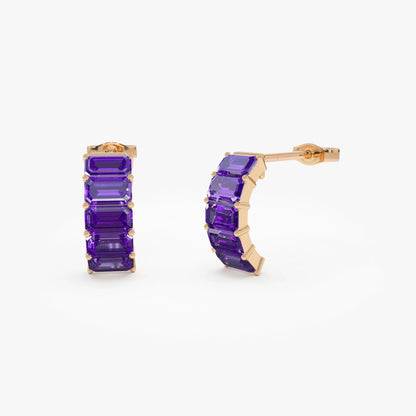 14K Solid Gold Octagon Cut Amethyst Half Hoop Earrings 2.80ctw