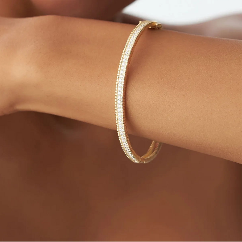 14K Solid Gold 0.97 CTW Round Diamond Milgrain Bangle