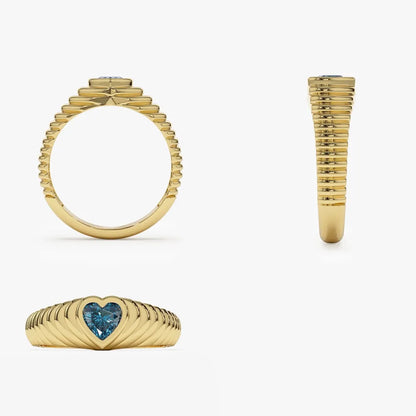 14K Solid Gold Heart Shape Blue Topaz 0.45 Carat Dome Beveled Ring