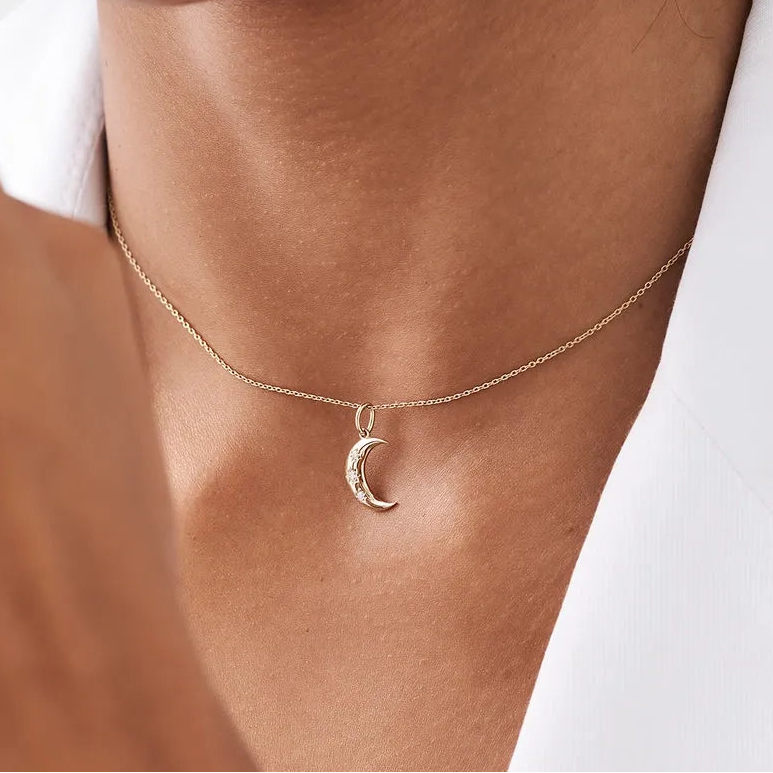 14K Solid Gold Round Diamond Crescent Pendant Necklace Star Setting 0.05ctw