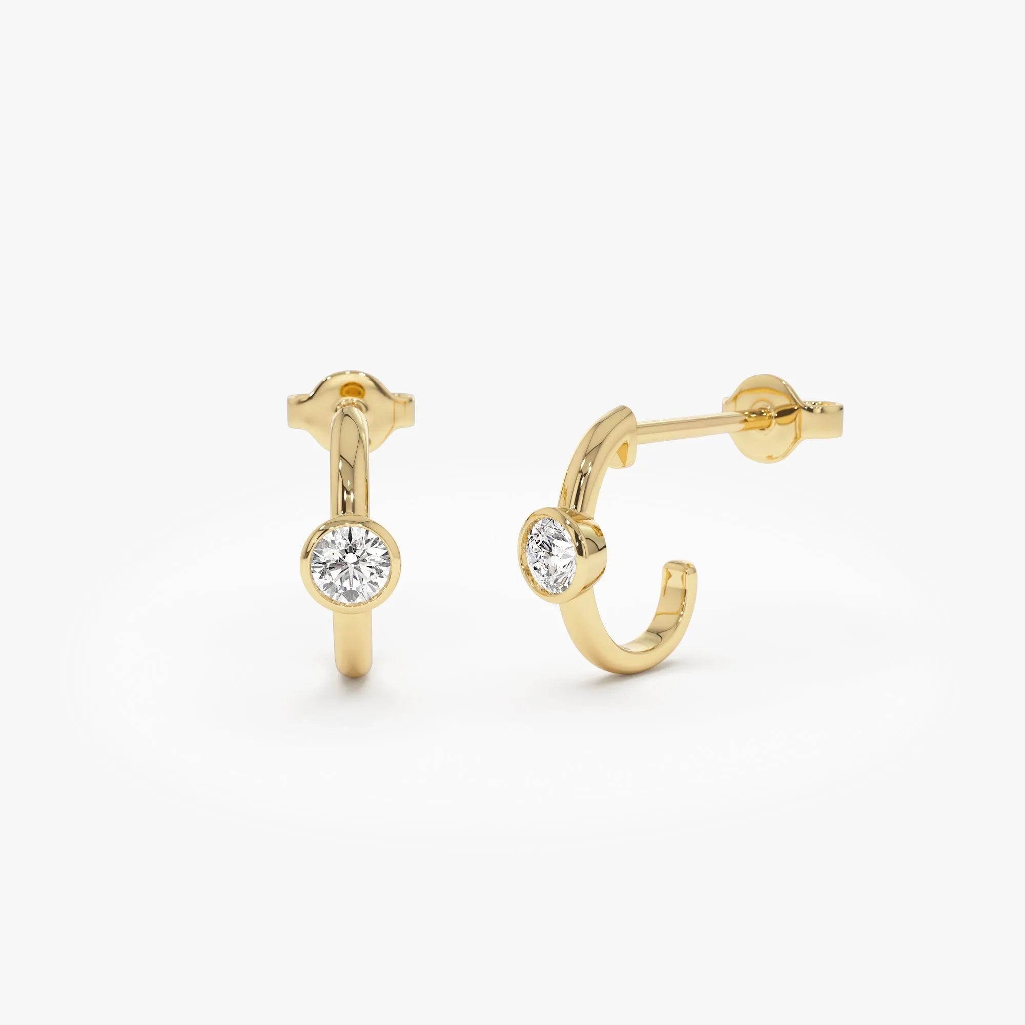 14k Gold Diamond Round Cut Bezel Setting J Hoop Earrings 0.20 ctw
