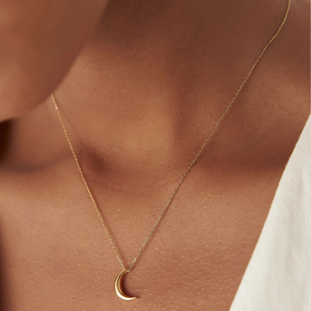 14k Solid Gold Half Moon Crescent Charm Pendant Necklace