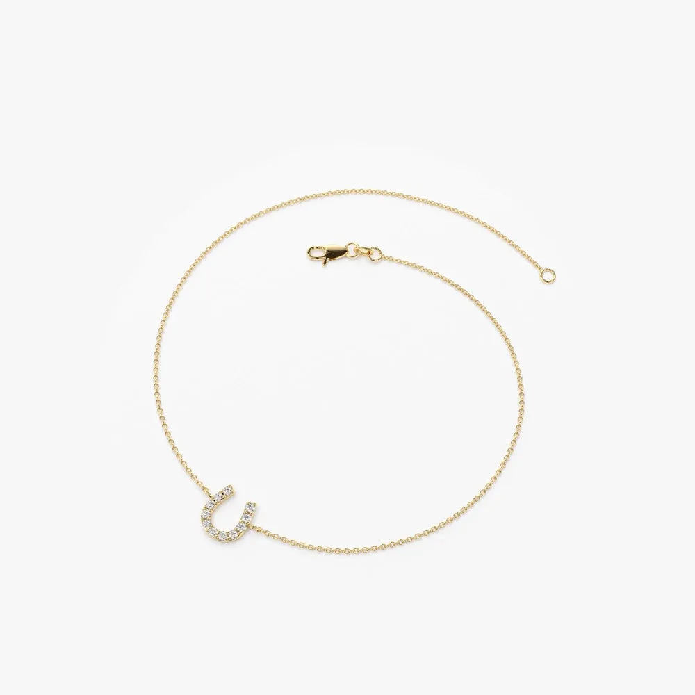 14K Solid Gold Round Diamond Horseshoe Bracelet Micro Pave 0.08 Carat