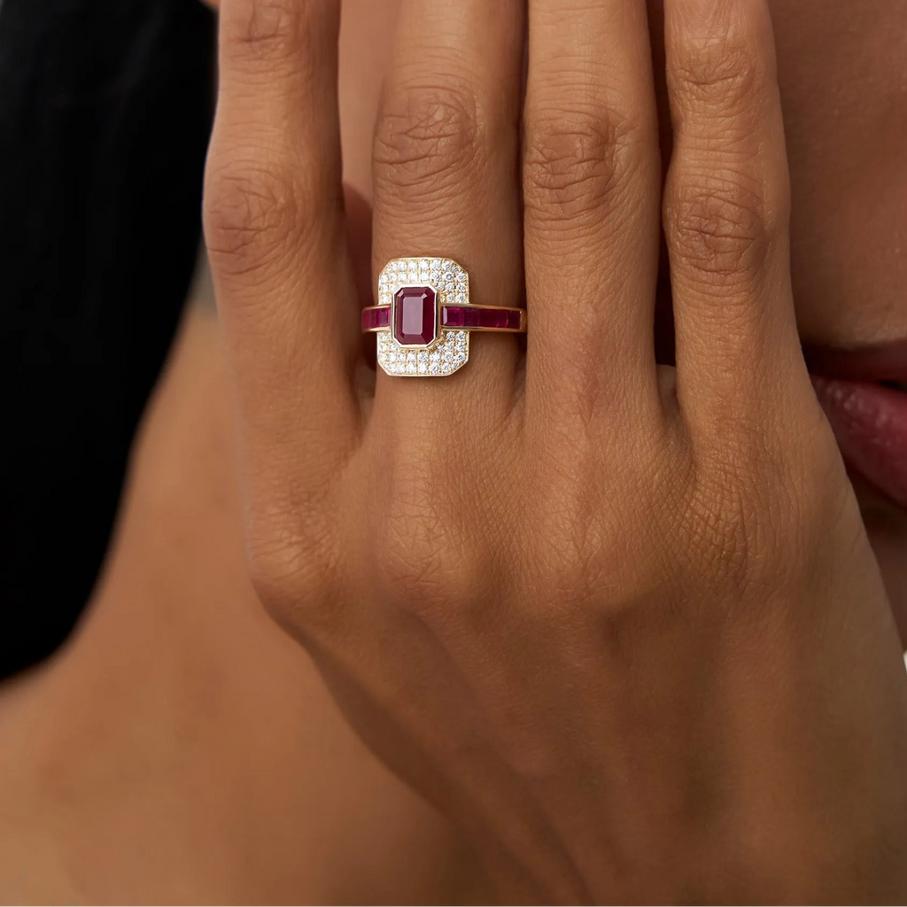 14k Gold Ruby and Diamond Emerald and Square Cut Art Deco Ring 2.80 ctw