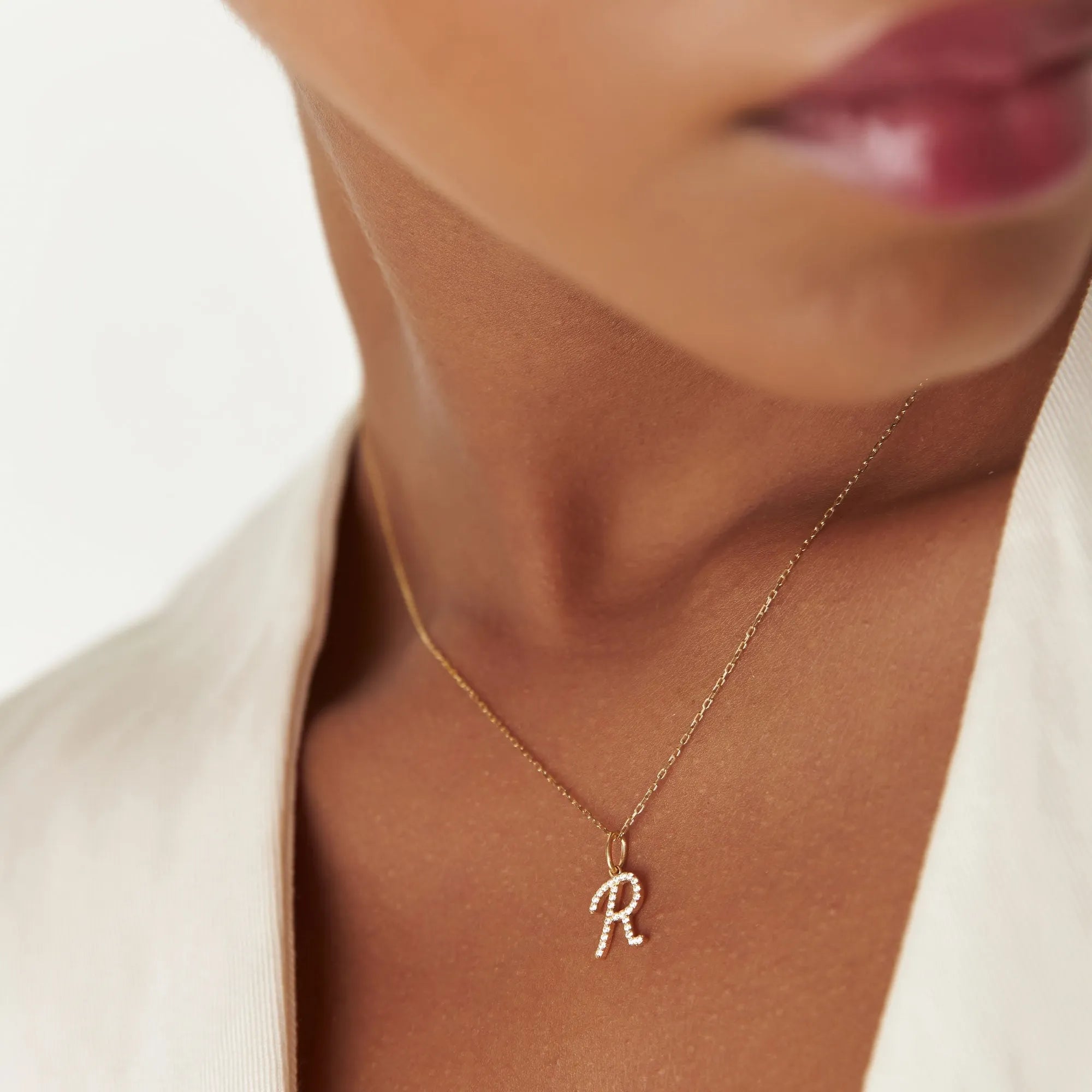 14K Solid Gold 0.15 CTW Round Diamond Script Initial Necklace