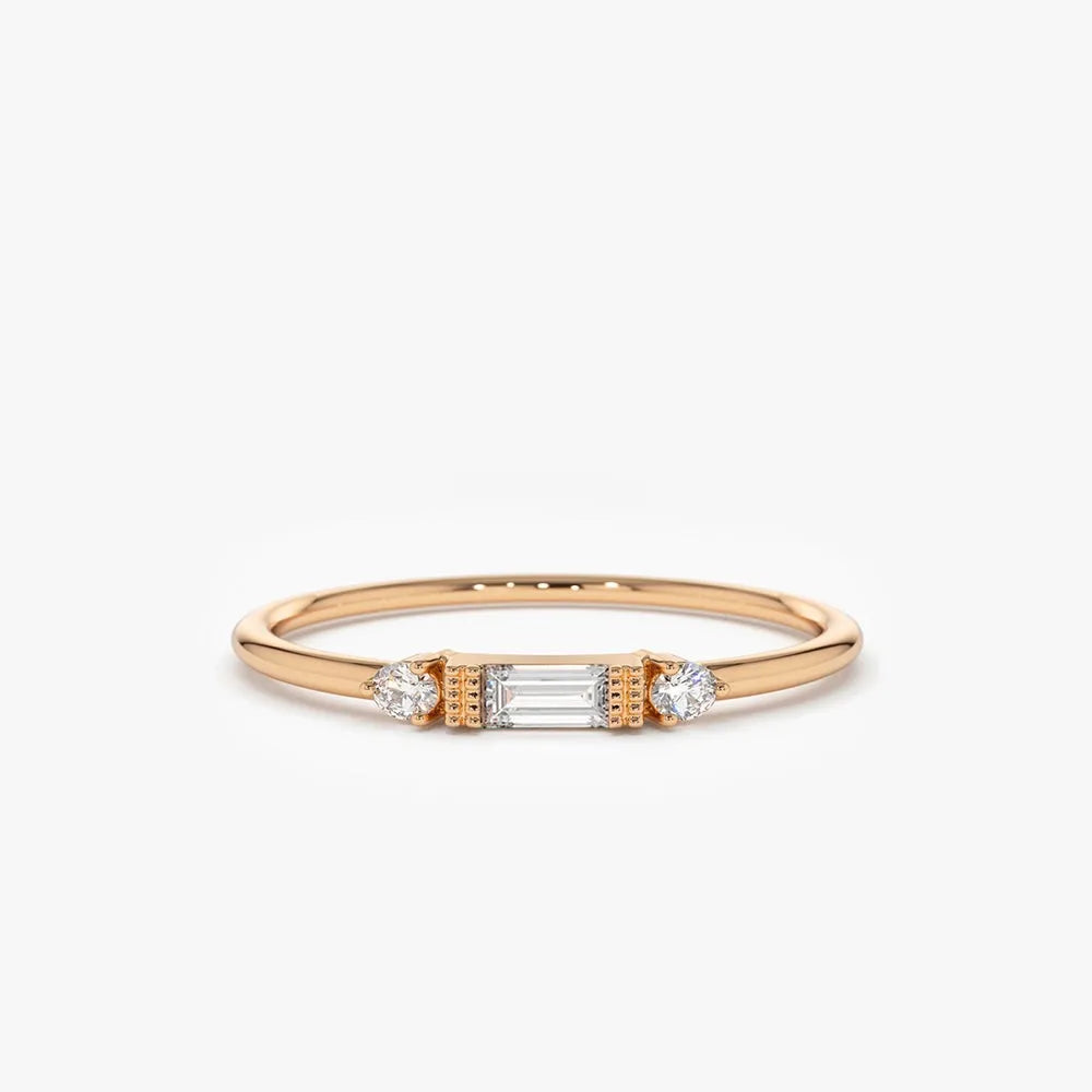 14k Solid Gold Baguette and Round Diamond 0.09ctw Horizontal Channel Set Ring
