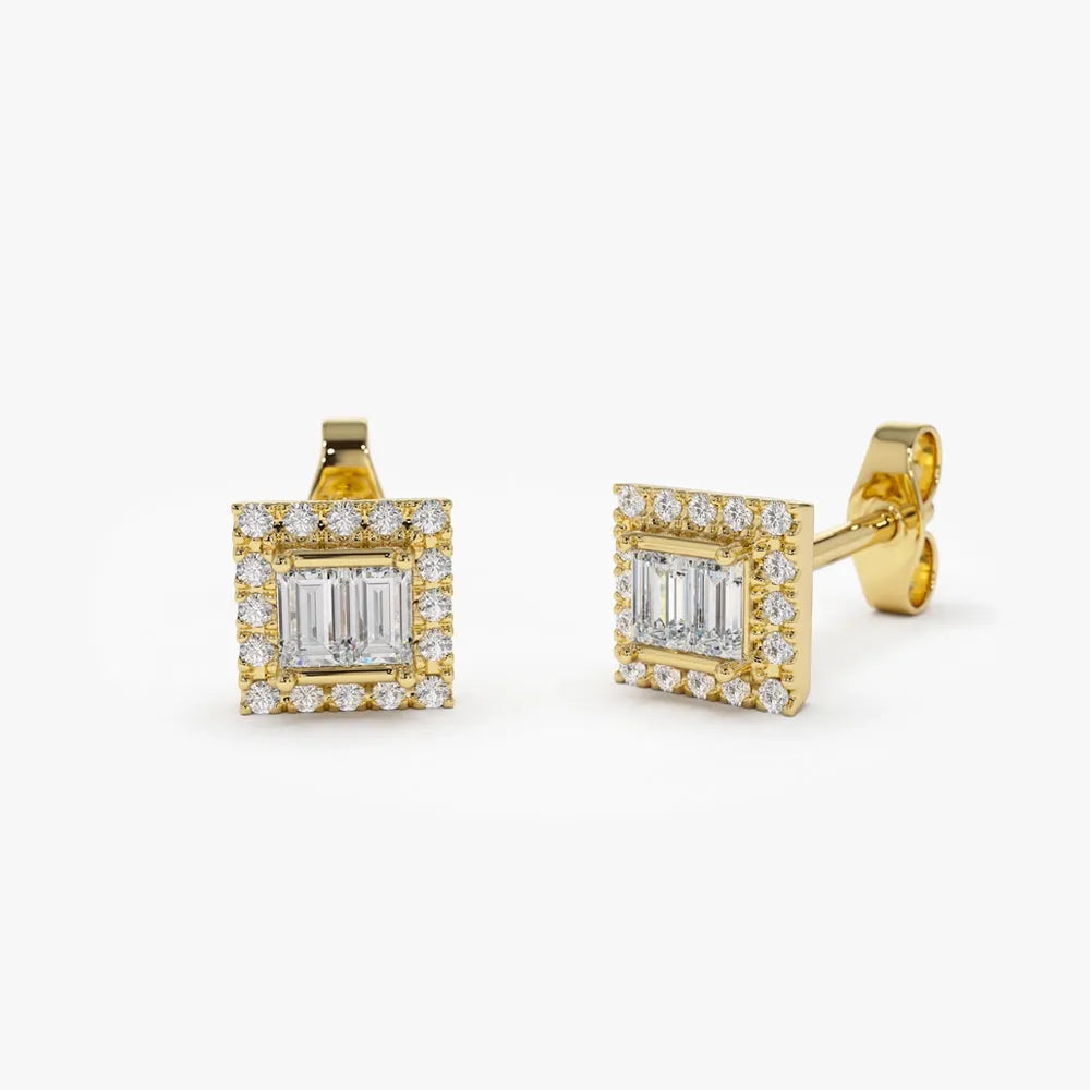 14k Gold Diamond Baguette and Round Cut Halo Setting Stud Earrings 0.25 ctw