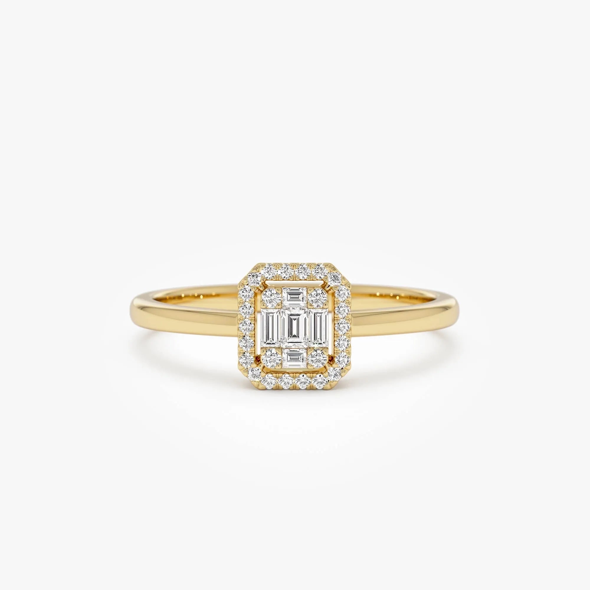14k Gold Rectangular Baguette and Round Diamond Halo Ring 0.25 ctw