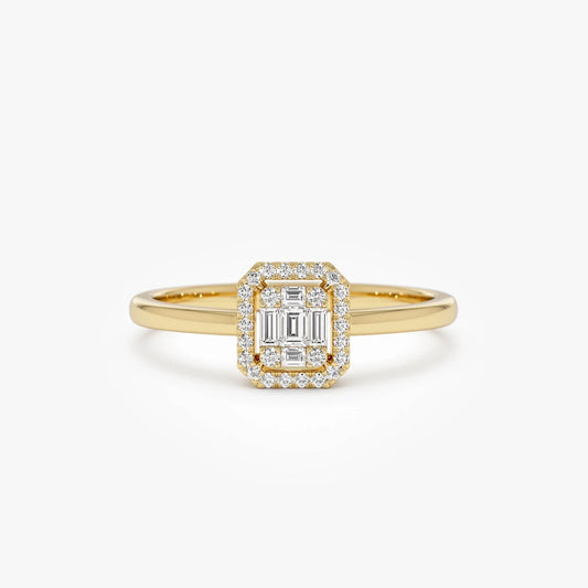 14k Gold Rectangular Baguette and Round Diamond Halo Ring 0.25 ctw