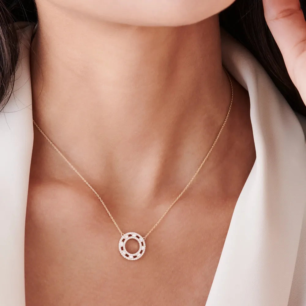 14k Solid Gold Round and Baguette Diamond Full Circle Necklace 0.44 Carat