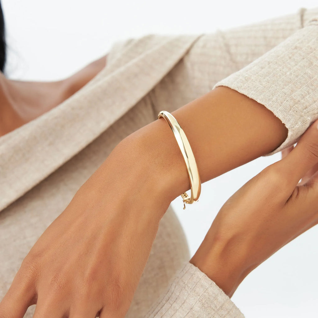 14K Solid Gold Wide Classic Dome Bangle Bracelet