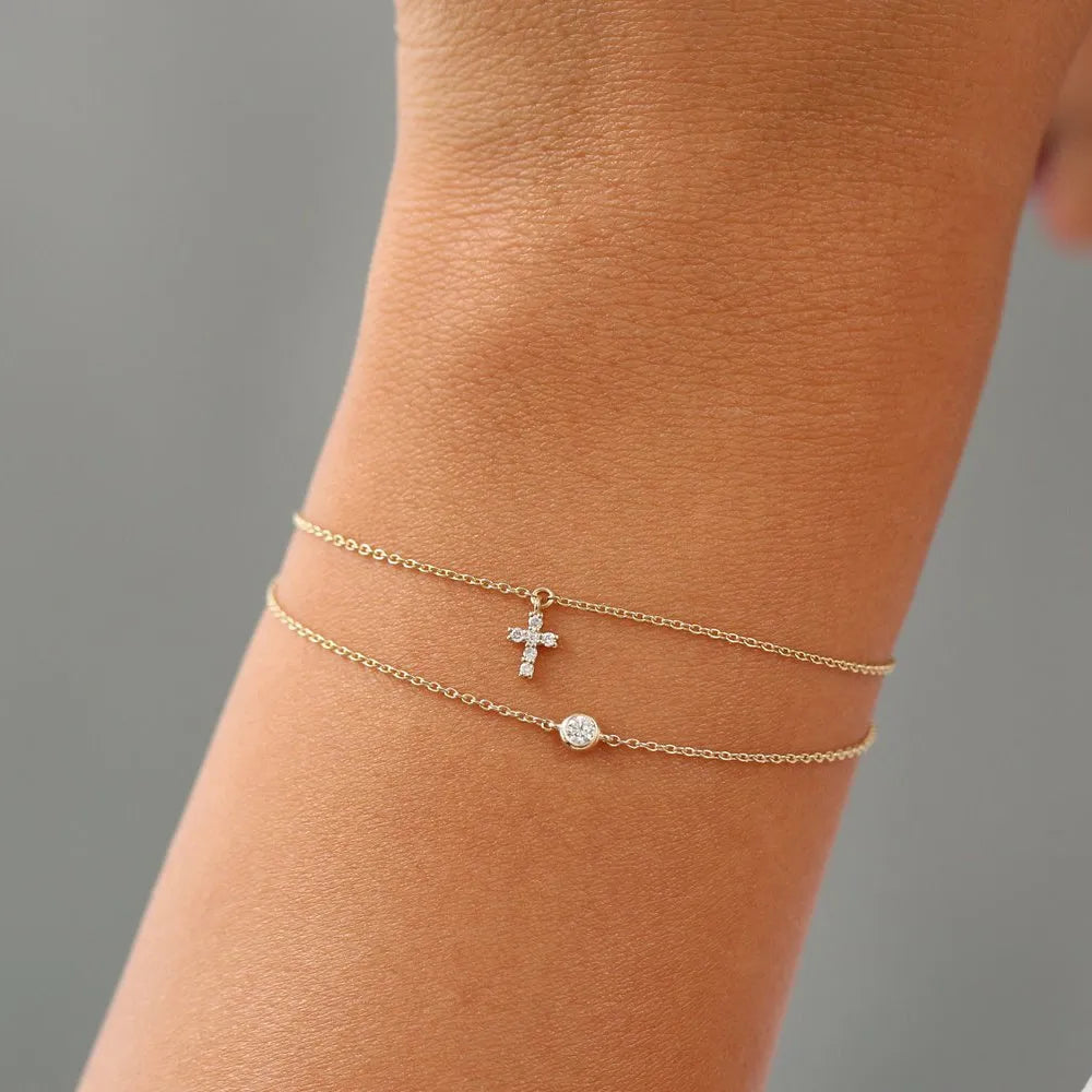 14K Solid Gold Round Diamond Cross Charm Bracelet 0.07 Carat