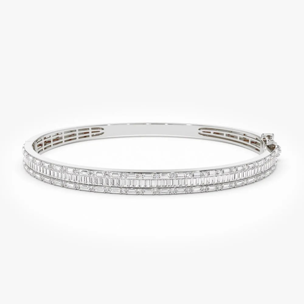 14K Solid Gold 2.60 CTW Baguette and Round Diamond Micro Pave Statement Bangle