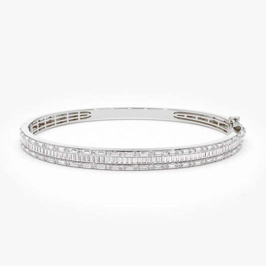 14K Solid Gold 2.60 CTW Baguette and Round Diamond Micro Pave Statement Bangle