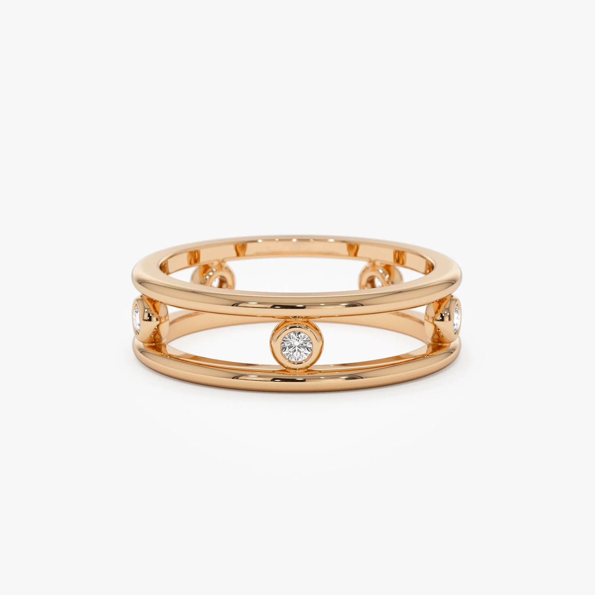 14K Solid Gold Natural Diamond Round Cut Bezel Setting Double Band Ring 0.18 ctw