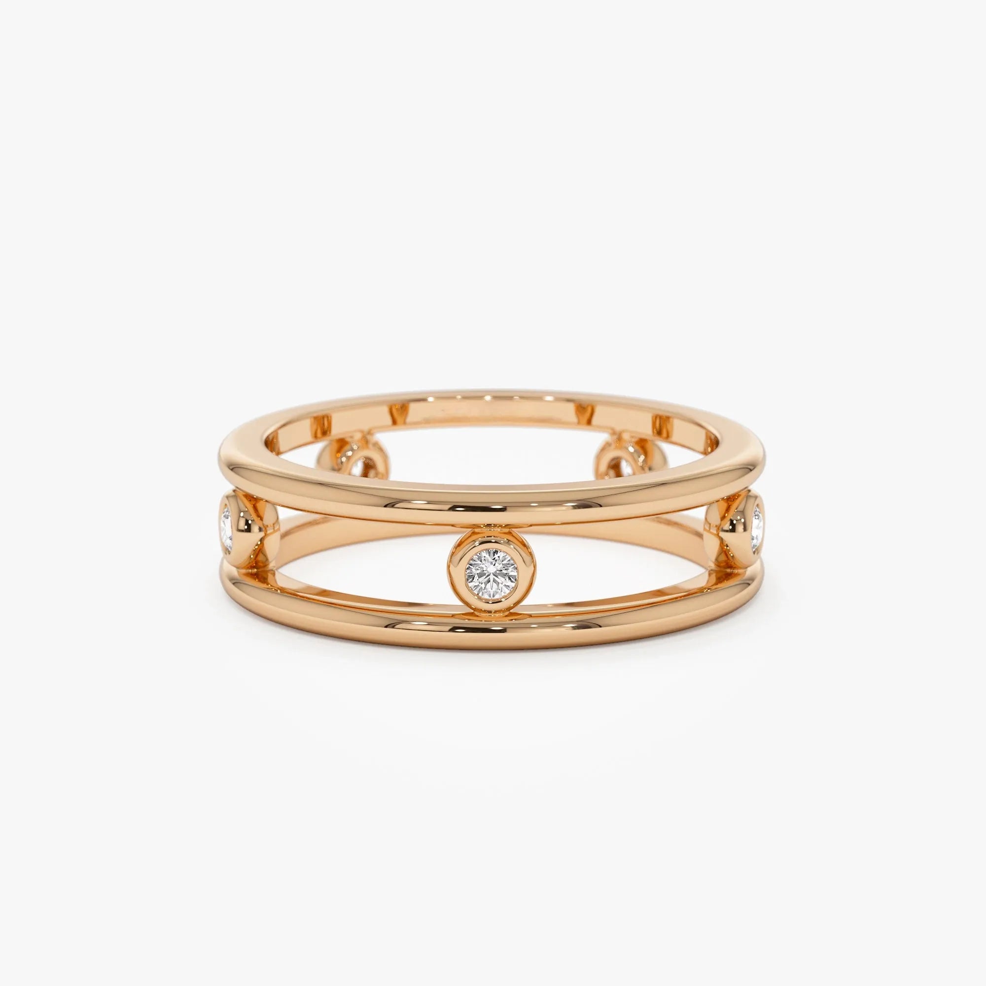 14K Solid Gold Natural Diamond Round Cut Bezel Setting Double Band Ring 0.18 ctw