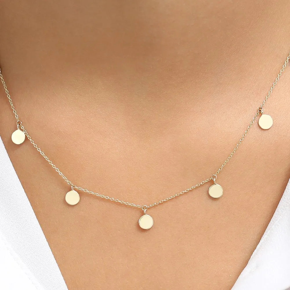 14k Solid Gold Round Coin Disc Choker Necklace with 9 Multi Discs