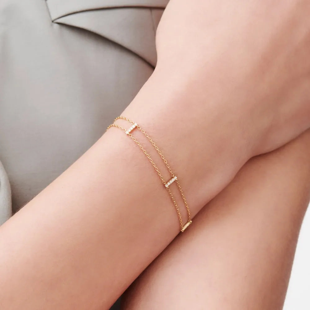 14K Solid Gold 0.15 CTW Round Diamond Five Station Bar Bracelet