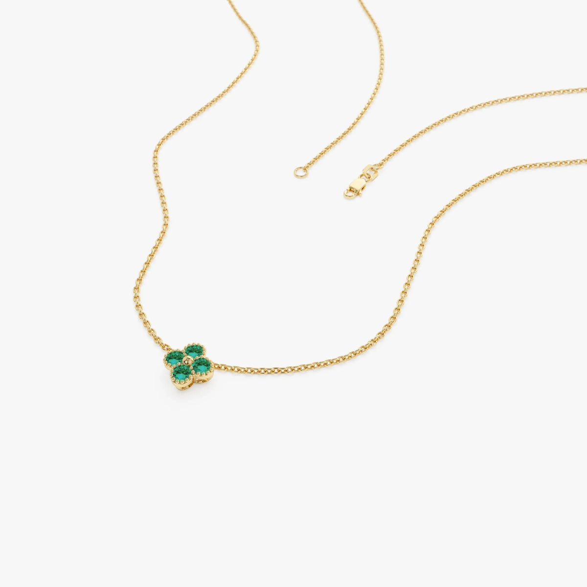 14k Solid Gold Round Emerald 0.15 CTW Clover Beaded Necklace Prong Setting