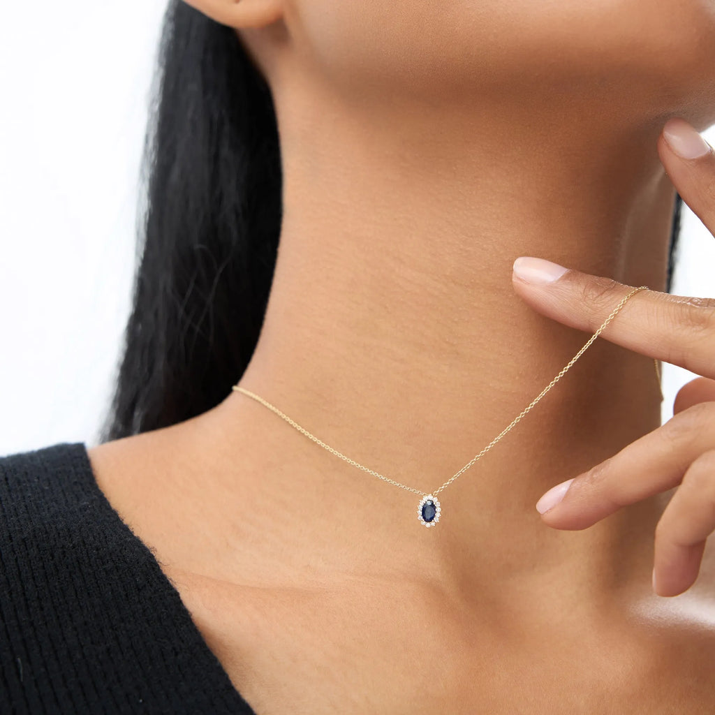 14k Solid Gold Sapphire and Diamond Oval Halo Necklace 0.35 Carat