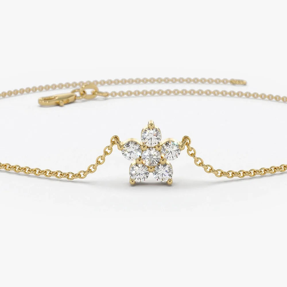 14K Solid Gold 0.18 CTW Round Diamond Flower Charm Prong Set Bracelet