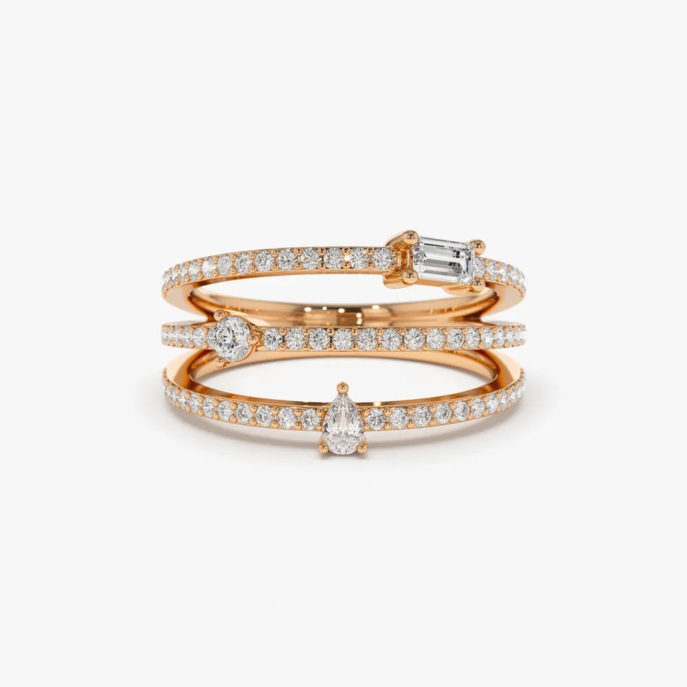 14k Gold 0.34 Carat Mixed Shape Round Baguette and Pear Diamond Triple Row Statement Ring