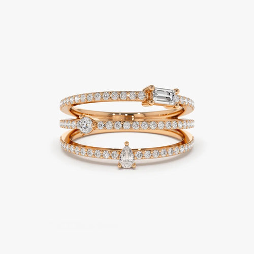 14k Gold 0.34 Carat Mixed Shape Round Baguette and Pear Diamond Triple Row Statement Ring