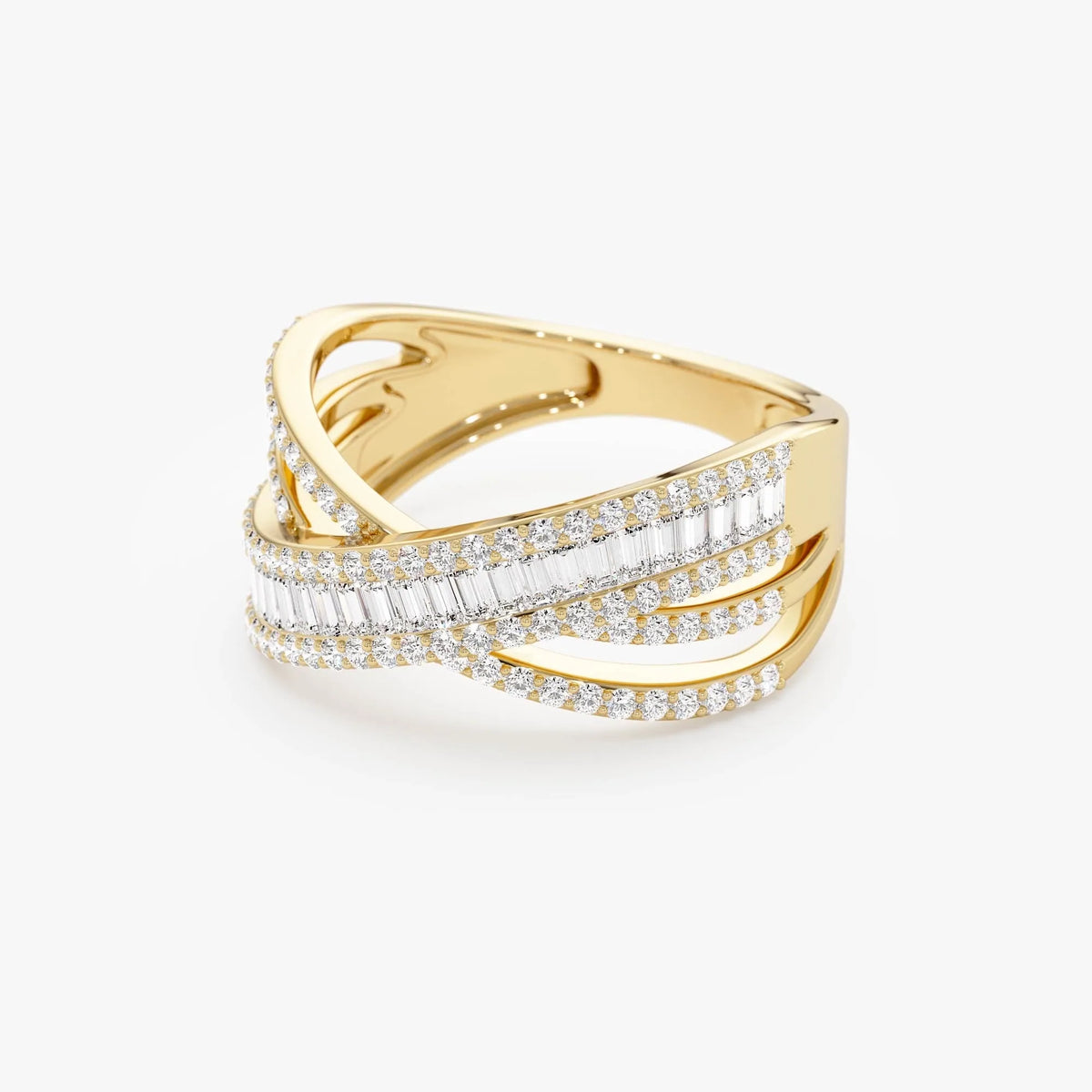 14k Solid Gold Baguette and Round Diamond 0.85 Carat Multi Row Criss Cross Band Ring