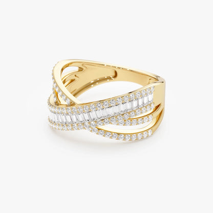 14k Solid Gold Baguette and Round Diamond 0.85 Carat Multi Row Criss Cross Band Ring