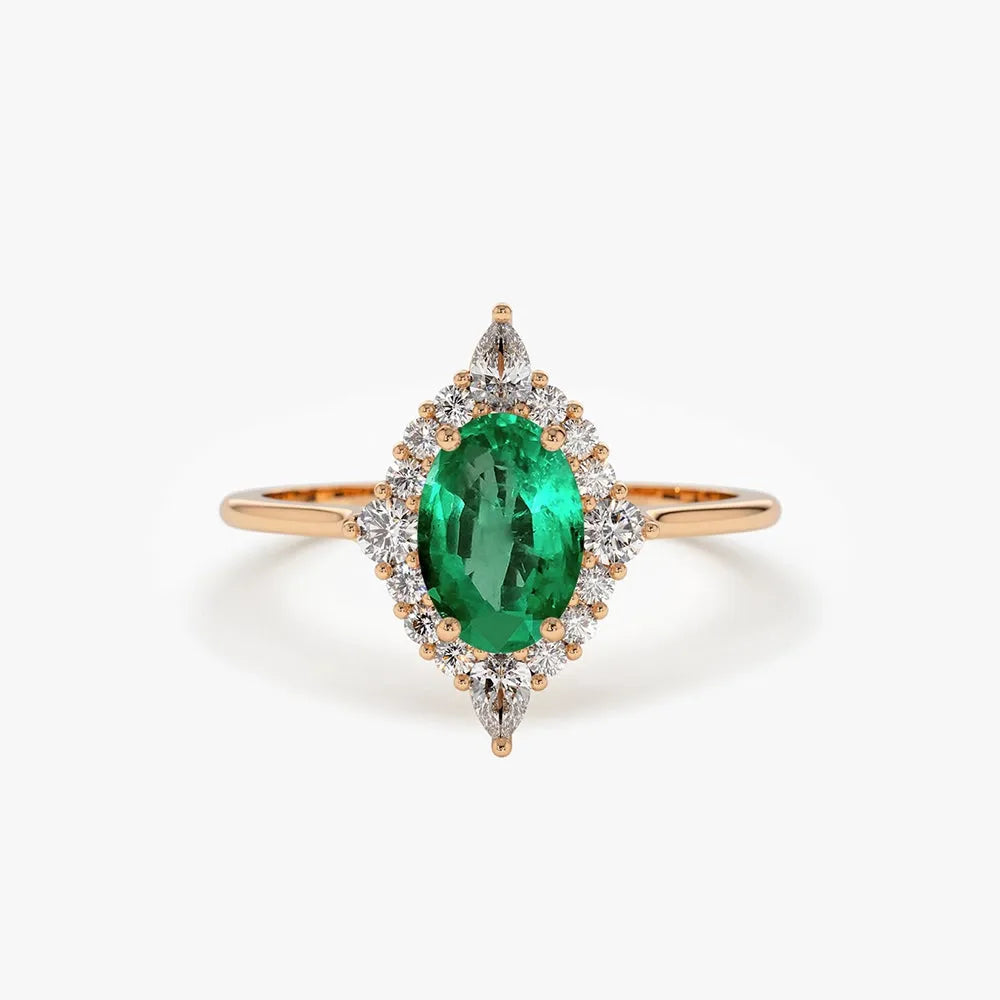14K Solid Gold Oval Emerald and Pear Round Diamond Ballerina Ring 0.88 CTW