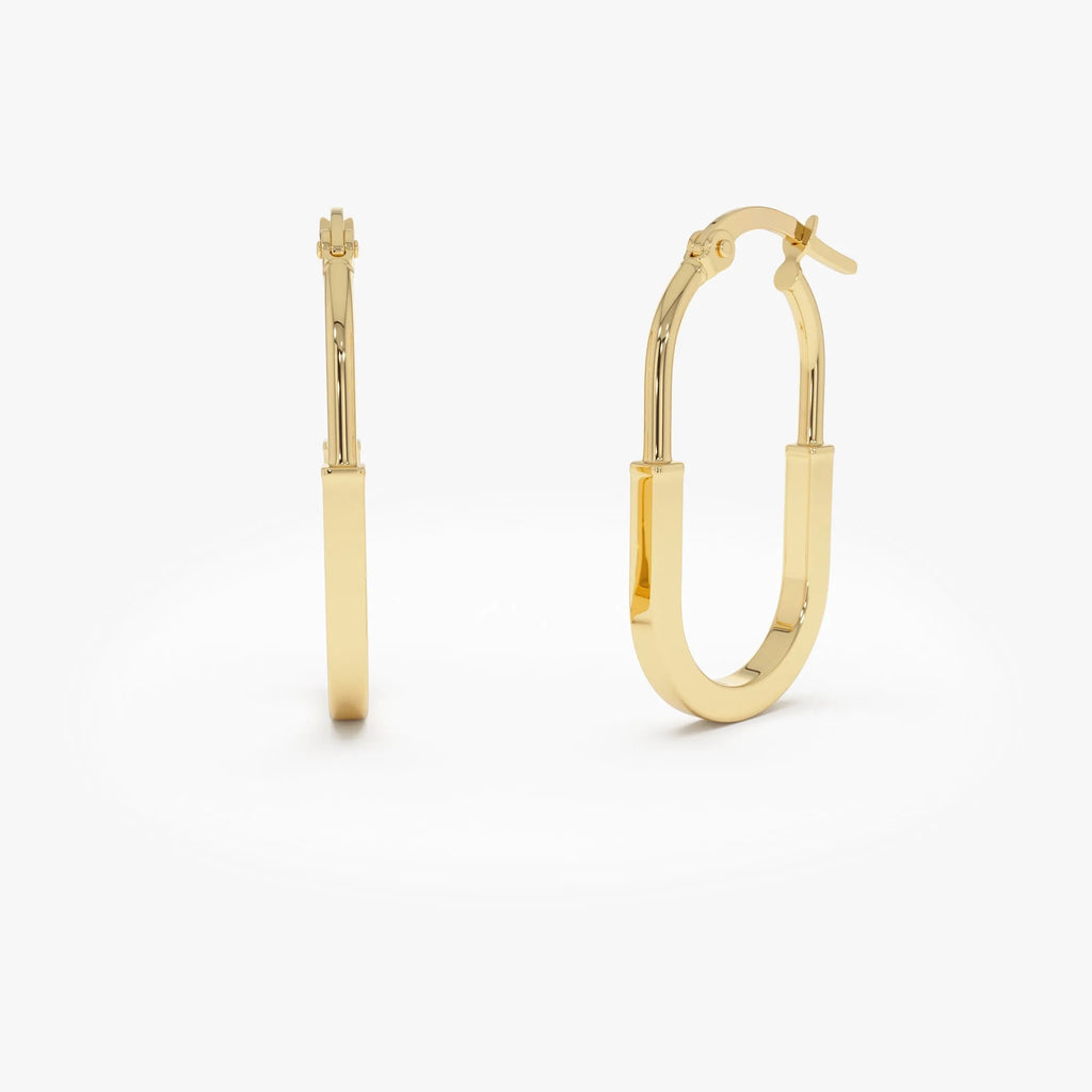 14k Yellow Gold Flat Edge Drop Hoop Earrings 27mm Length 15mm Diameter 2mm Width
