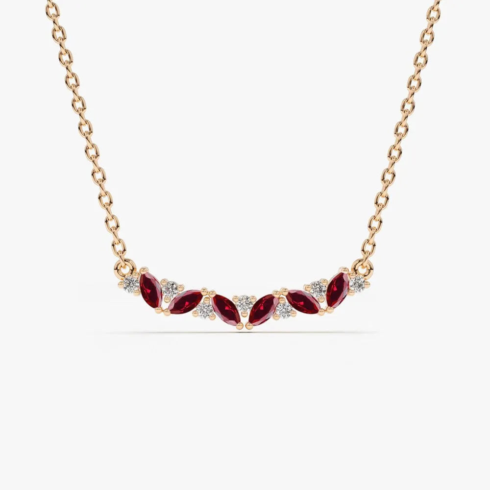 14k Solid Gold Ruby and Diamond Marquise Round Slanted Necklace 0.37 Carat