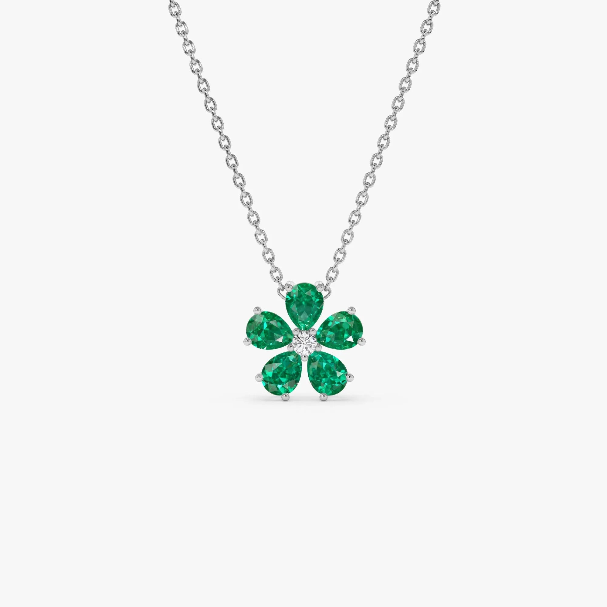 14k Solid Yellow Gold Pear Shape Emerald 0.65 CTW and Round Diamond 0.03 CTW Floral Flower Pendant Necklace