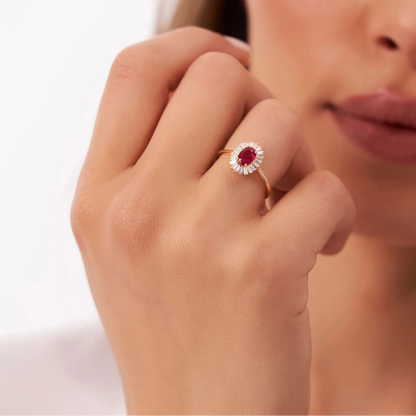 14k Gold Ruby and Diamond Oval and Baguette Cut Ballerina Ring 0.75 ctw