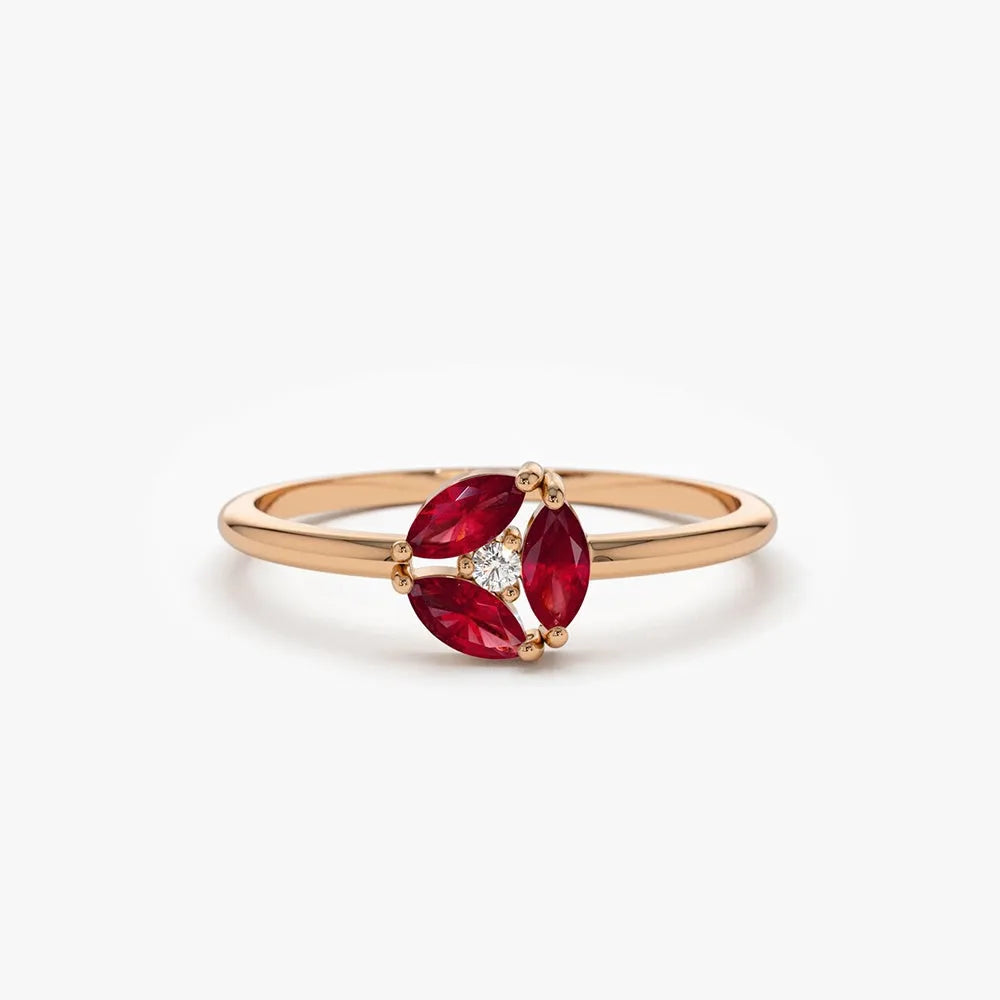 14k Gold Ruby and Diamond Marquise and Round Cut Cluster Ring Prong Setting 0.31 ctw