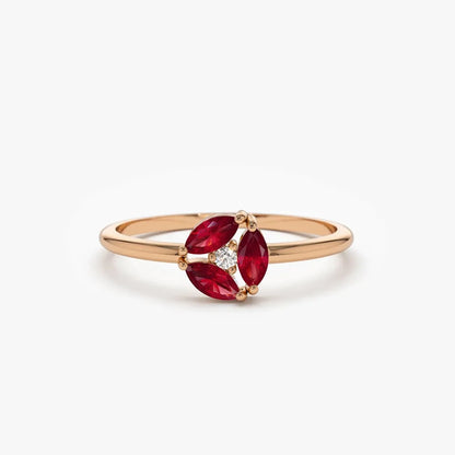 14k Gold Ruby and Diamond Marquise and Round Cut Cluster Ring Prong Setting 0.31 ctw