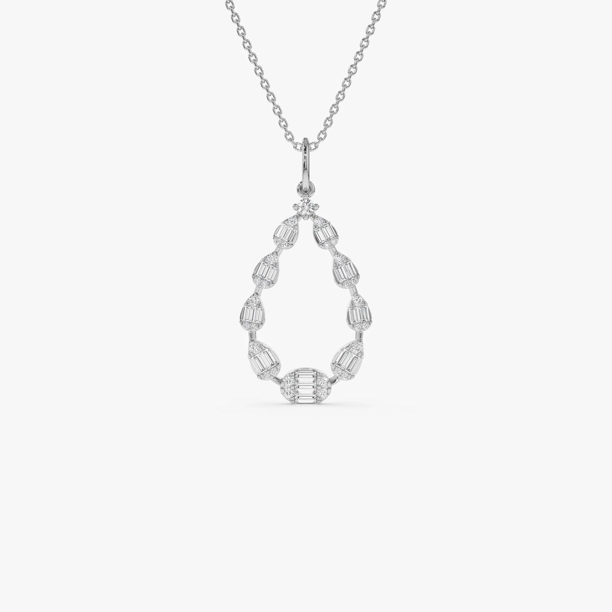 14K Solid Gold Round and Baguette Diamond Pear Shape Pendant Necklace 0.47ctw