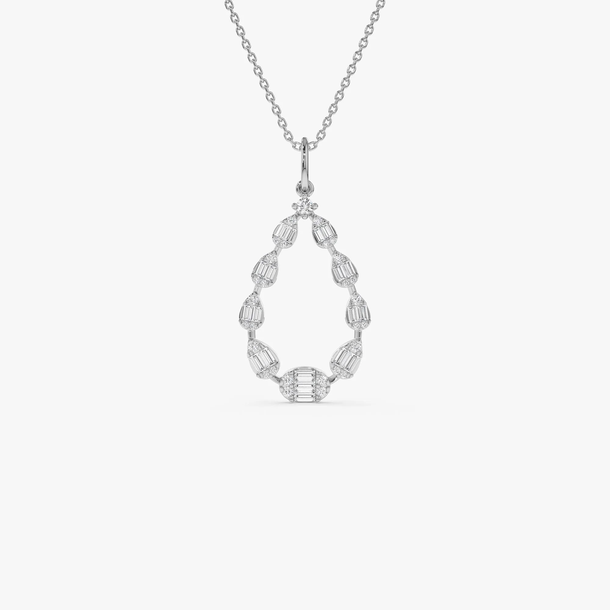 14K Solid Gold Round and Baguette Diamond Pear Shape Pendant Necklace 0.47ctw