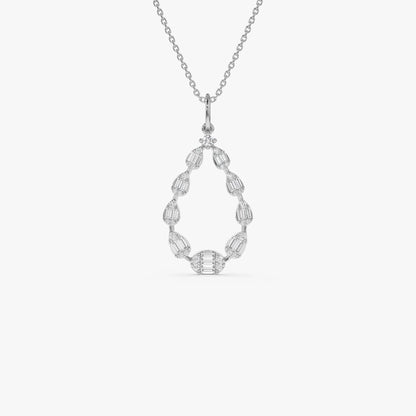 14K Solid Gold Round and Baguette Diamond Pear Shape Pendant Necklace 0.47ctw