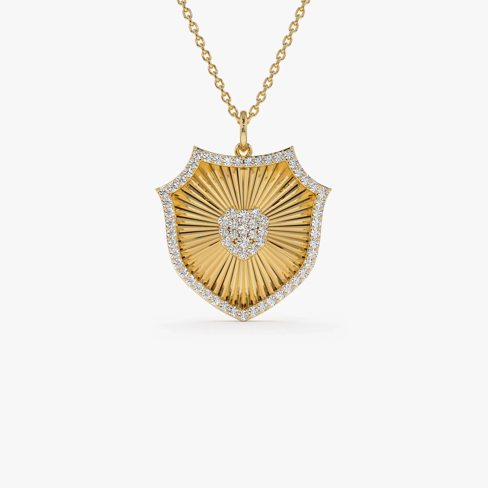 14K Solid Gold 0.35 CTW Round Diamond Shield Medallion Pendant Necklace
