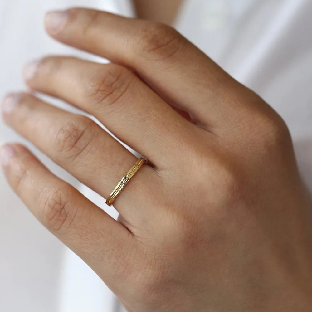 14K Solid Gold 2mm Beaded Stacking Wedding Band Ring