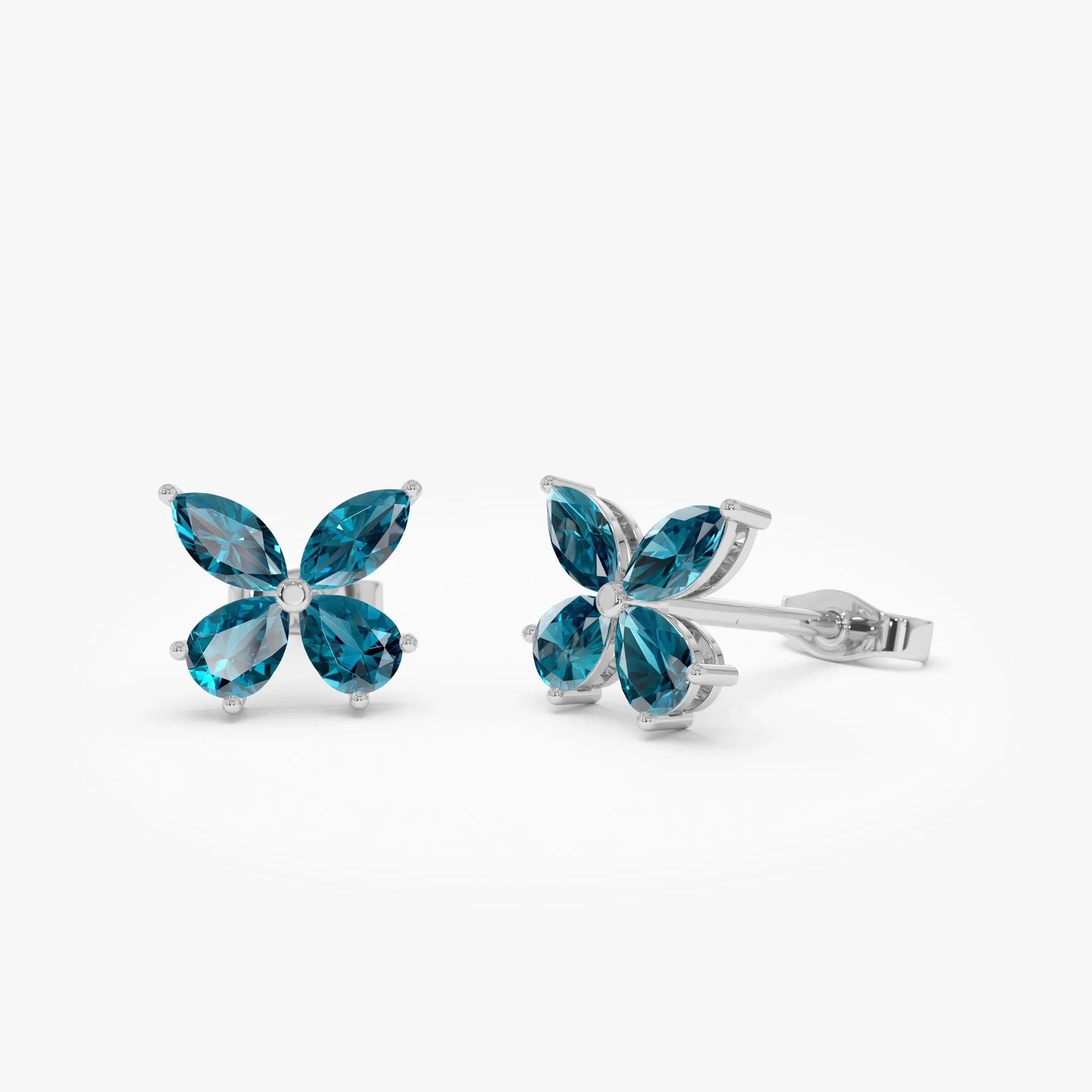 14K Solid Gold Marquise and Pear Cut London Blue Topaz Butterfly Stud Earrings 1.75ctw