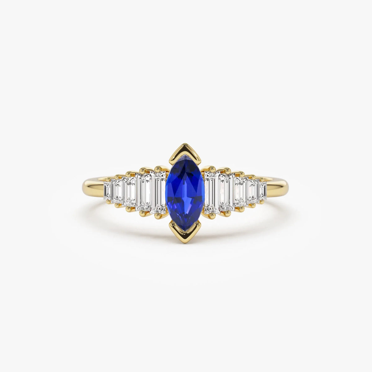 14k Gold Sapphire and Diamond Marquise and Baguette Cut Ring 0.83 ctw