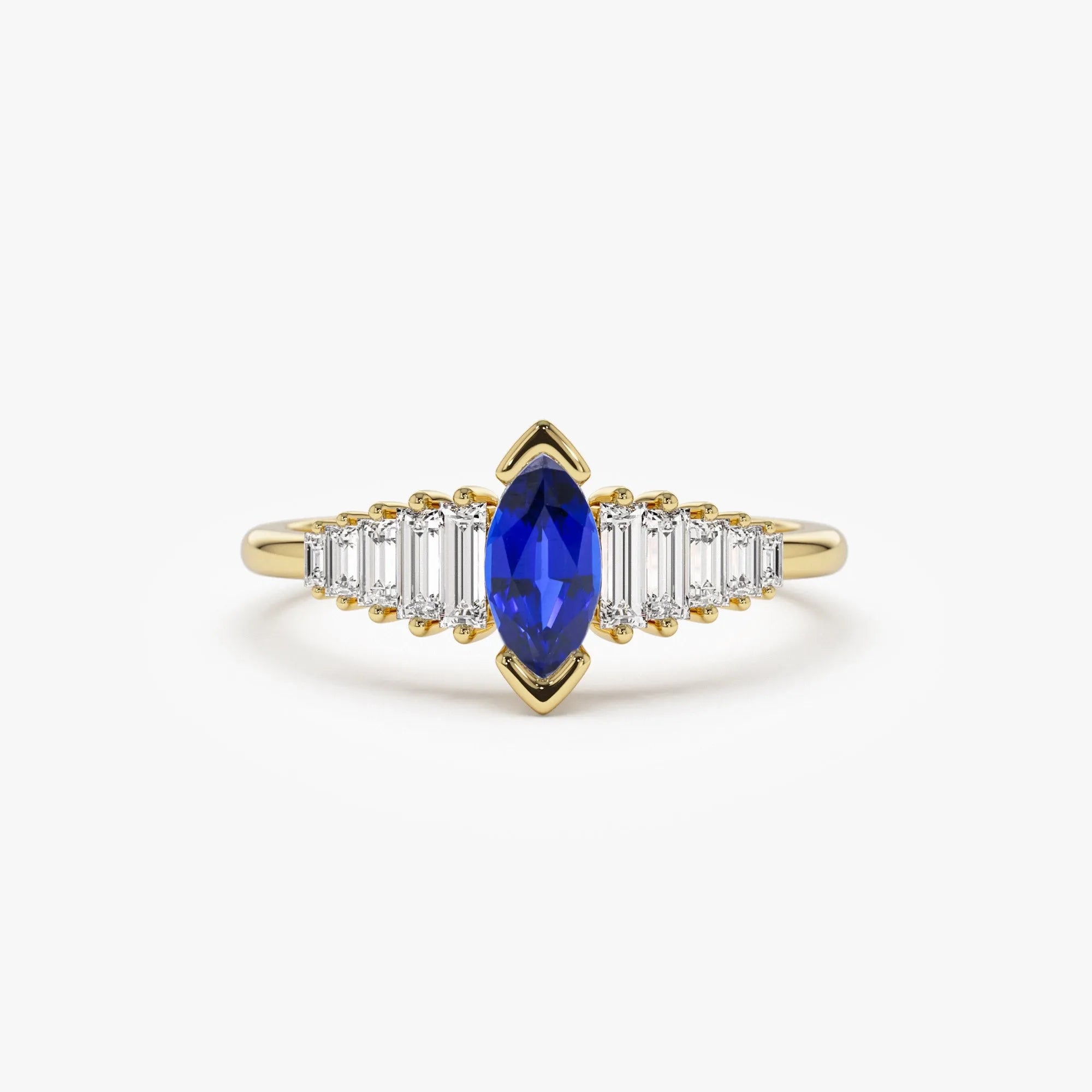 14k Gold Sapphire and Diamond Marquise and Baguette Cut Ring 0.83 ctw