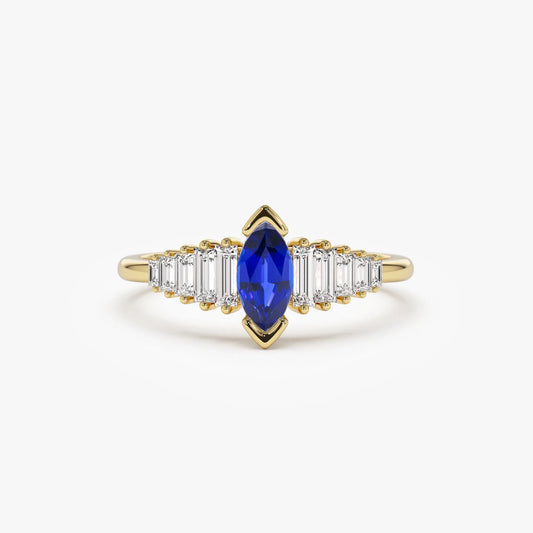 14k Gold Sapphire and Diamond Marquise and Baguette Cut Ring 0.83 ctw