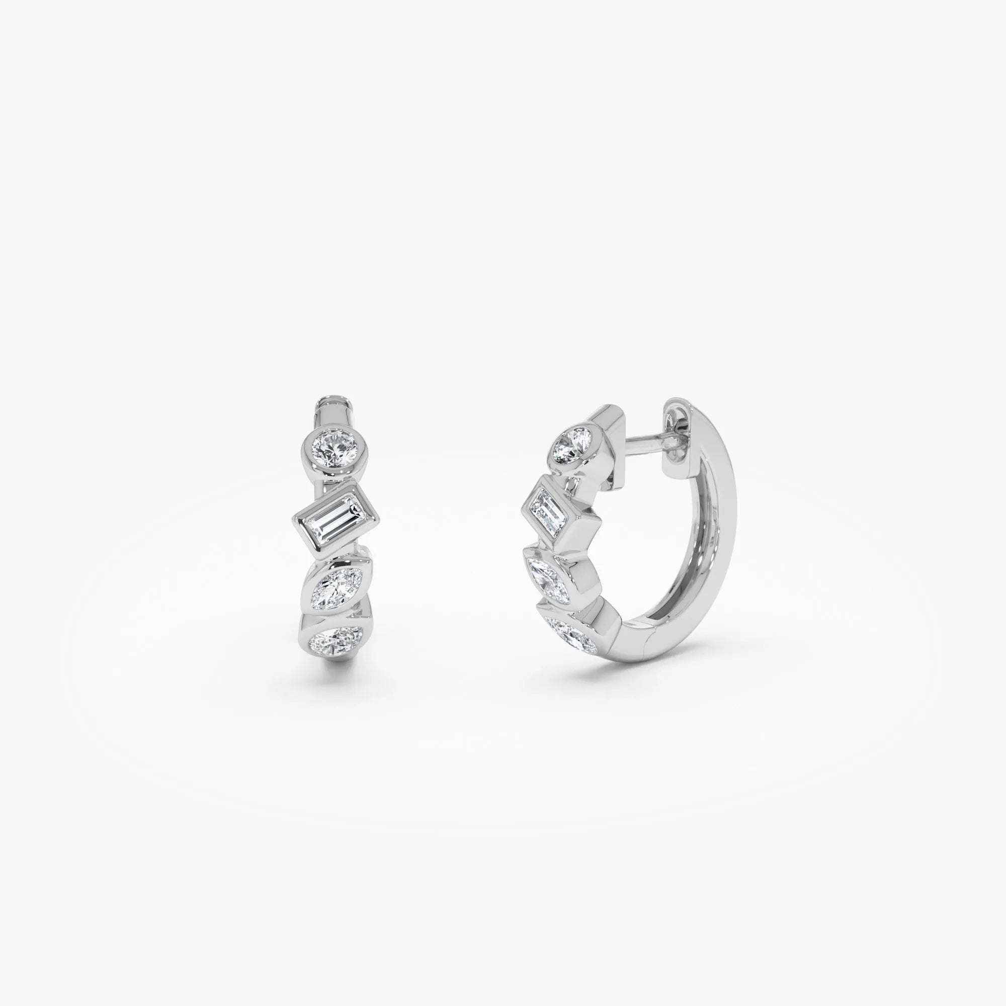 14k Gold Diamond Mixed Cut Baguette Marquise Pear Round Huggie Hoop Earrings 0.40 ctw