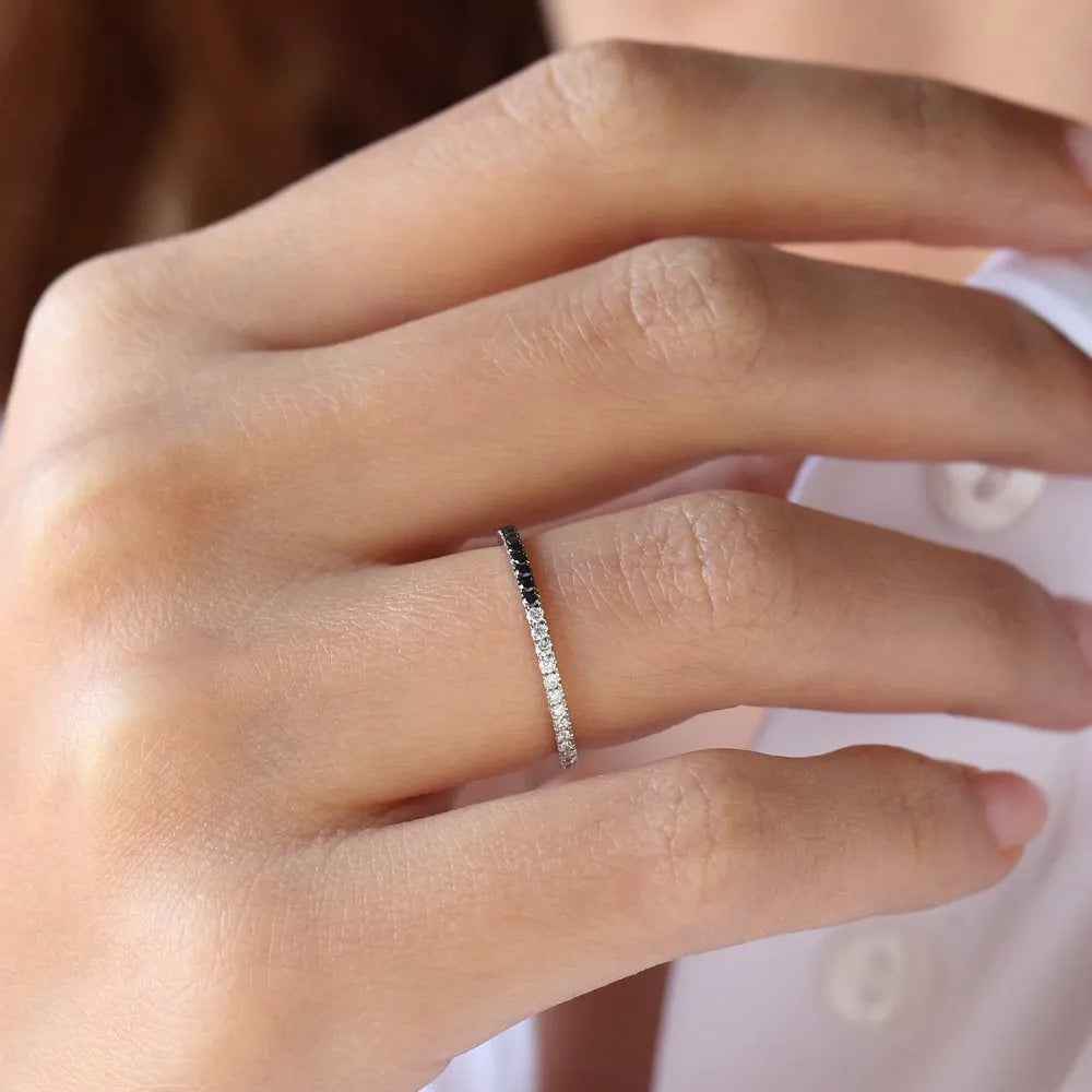 14k Solid Gold Round Black and White Diamond Micro Pave Eternity Band