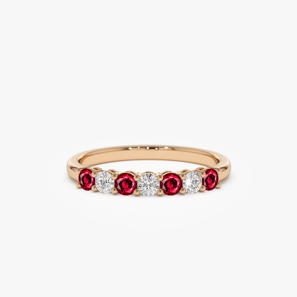 14k Gold Ruby and Diamond Round Cut 7 Stone Basket Setting Wedding Ring 0.43 ctw