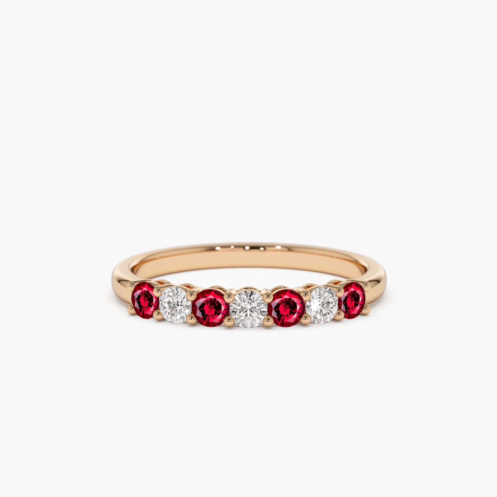 14k Gold Ruby and Diamond Round Cut 7 Stone Basket Setting Wedding Ring 0.43 ctw